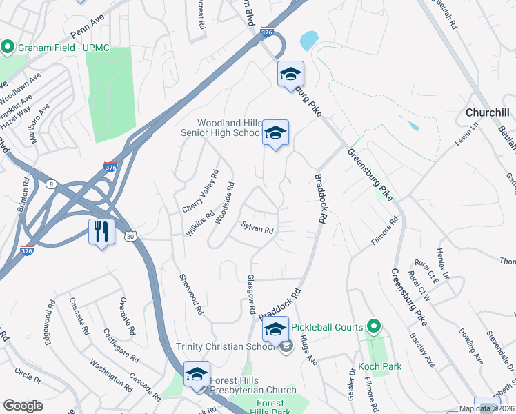 map of restaurants, bars, coffee shops, grocery stores, and more near 19 Hillcrest Road in Pittsburgh