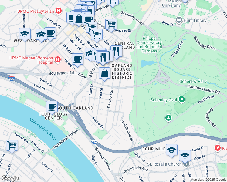 map of restaurants, bars, coffee shops, grocery stores, and more near 3374 Dawson Street in Pittsburgh