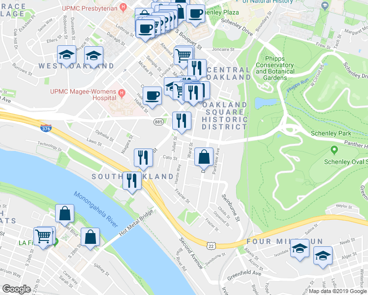 map of restaurants, bars, coffee shops, grocery stores, and more near 3326 Juliet Street in Pittsburgh