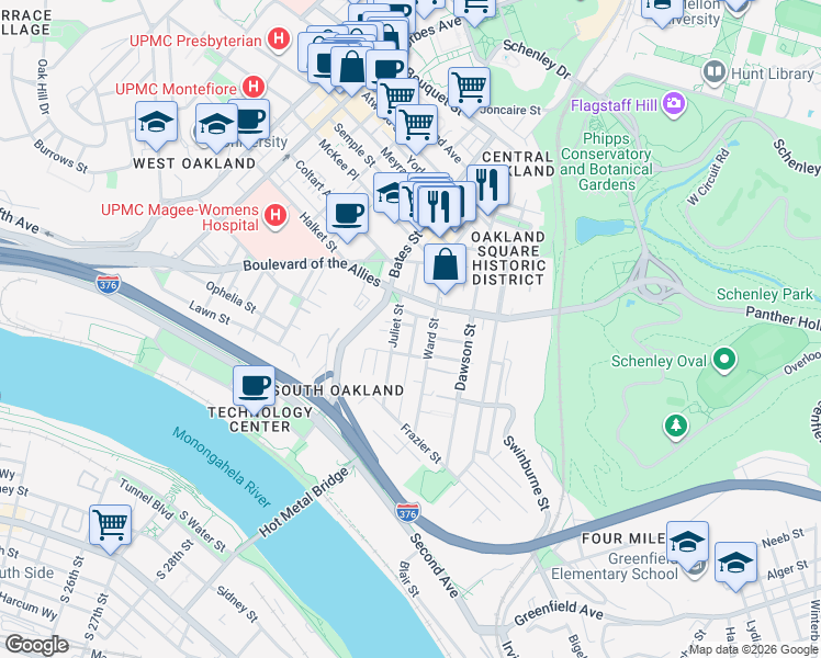 map of restaurants, bars, coffee shops, grocery stores, and more near 3326 Juliet Street in Pittsburgh