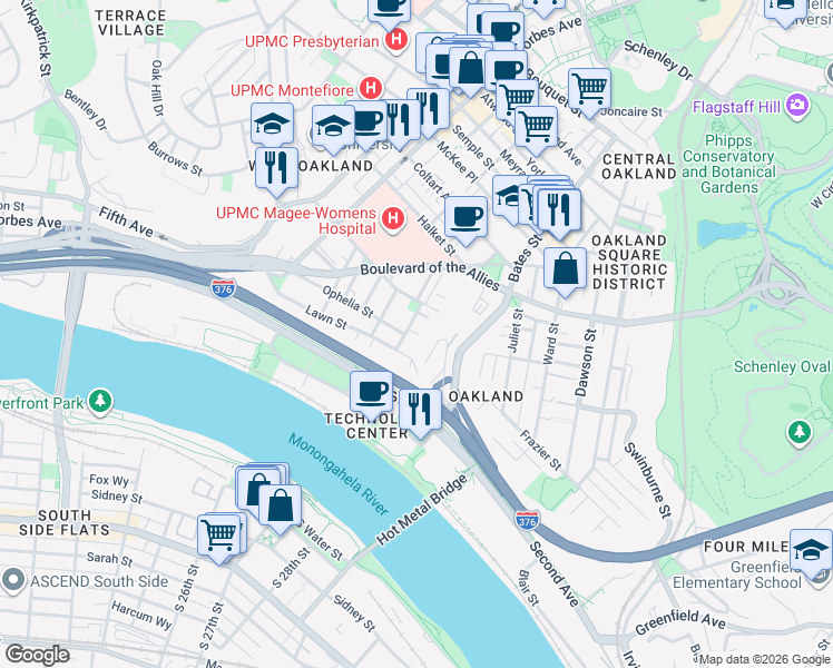 map of restaurants, bars, coffee shops, grocery stores, and more near 3201 Niagara Street in Pittsburgh
