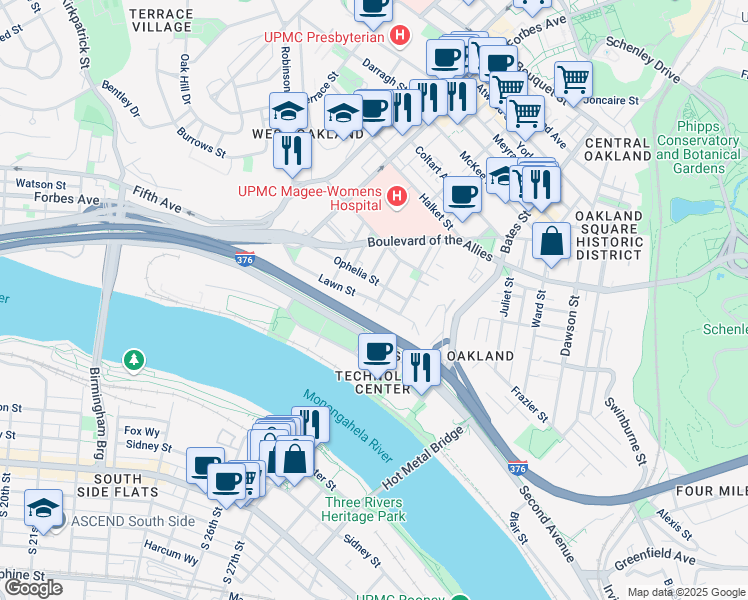 map of restaurants, bars, coffee shops, grocery stores, and more near 3101 Kennett Square in Pittsburgh
