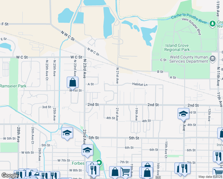 map of restaurants, bars, coffee shops, grocery stores, and more near 50 21st Street in Greeley