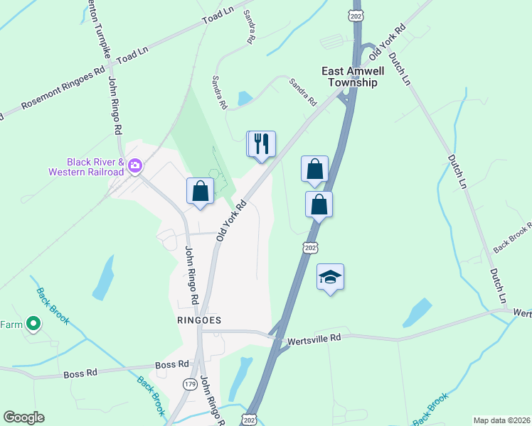 map of restaurants, bars, coffee shops, grocery stores, and more near 5 Fox Hunt Road in East Amwell Township