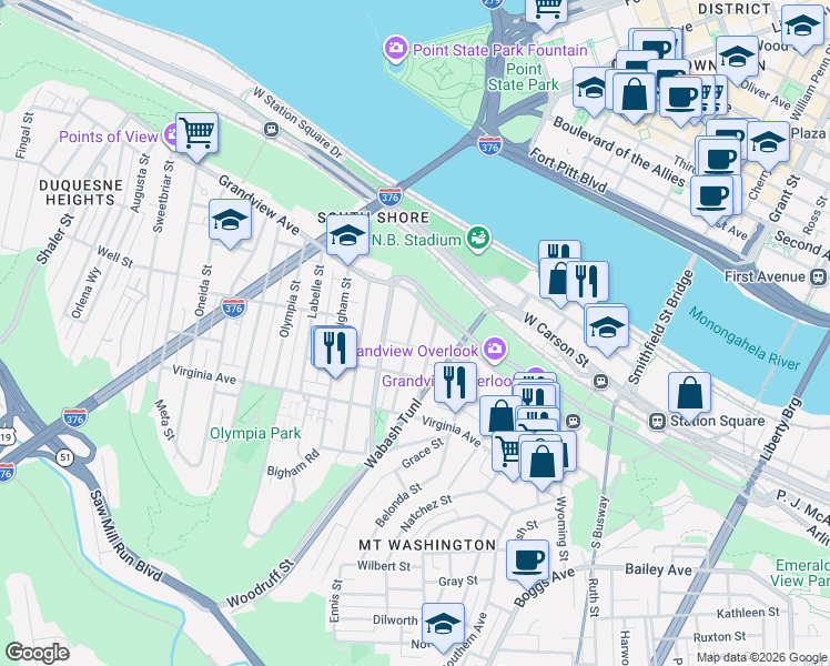 map of restaurants, bars, coffee shops, grocery stores, and more near 131 Ulysses Street in Pittsburgh