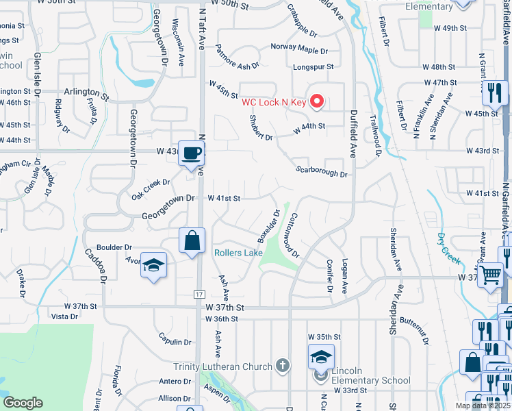 map of restaurants, bars, coffee shops, grocery stores, and more near 4057 Davidia Court in Loveland