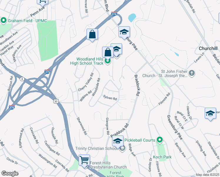 map of restaurants, bars, coffee shops, grocery stores, and more near 19 Hillcrest Road in Pittsburgh
