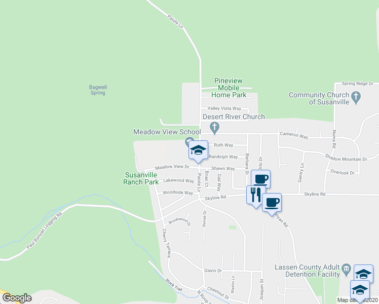 map of restaurants, bars, coffee shops, grocery stores, and more near 1200 Paiute Lane in Susanville