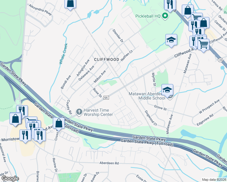map of restaurants, bars, coffee shops, grocery stores, and more near 190 Cliffwood Avenue West in Monmouth County