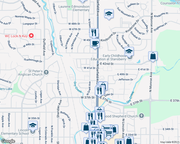 map of restaurants, bars, coffee shops, grocery stores, and more near 4920 North Grant Avenue in Loveland