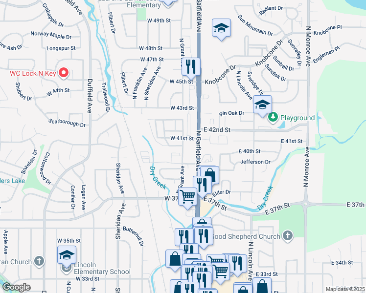 map of restaurants, bars, coffee shops, grocery stores, and more near 4880 North Grant Avenue in Loveland
