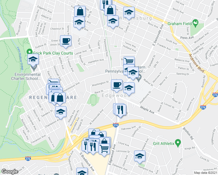 map of restaurants, bars, coffee shops, grocery stores, and more near 100 Race Street in Pittsburgh