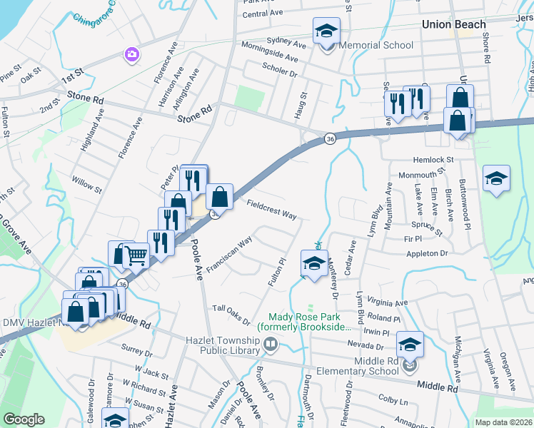 map of restaurants, bars, coffee shops, grocery stores, and more near 71 Fieldcrest Way in Hazlet