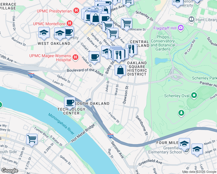 map of restaurants, bars, coffee shops, grocery stores, and more near 3326 Juliet Street in Pittsburgh