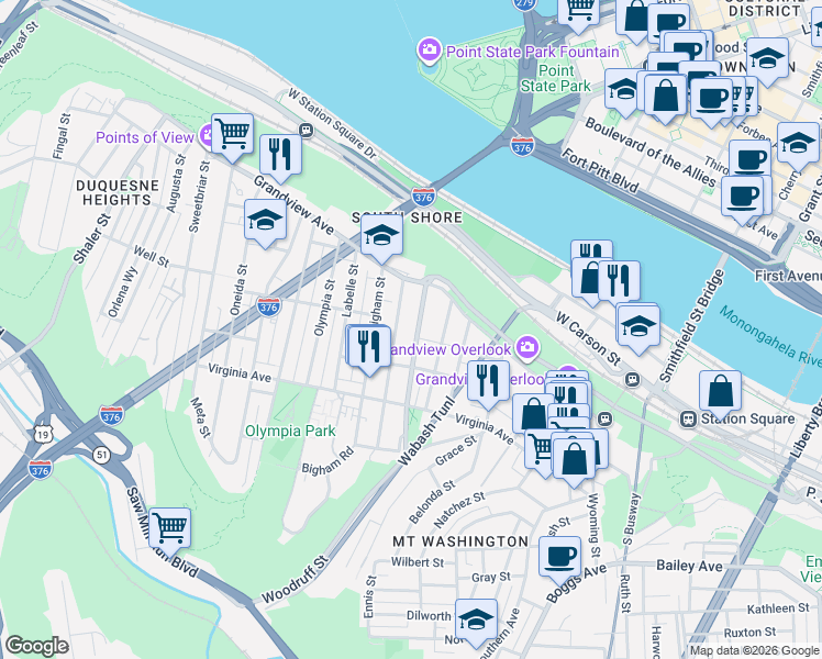 map of restaurants, bars, coffee shops, grocery stores, and more near 145 Merrimac Street in Pittsburgh