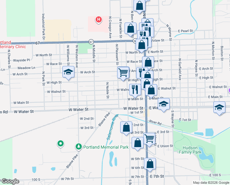 map of restaurants, bars, coffee shops, grocery stores, and more near 401-499 West Walnut Street in Portland