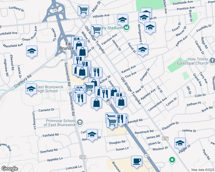 map of restaurants, bars, coffee shops, grocery stores, and more near 129 Joseph Street in East Brunswick