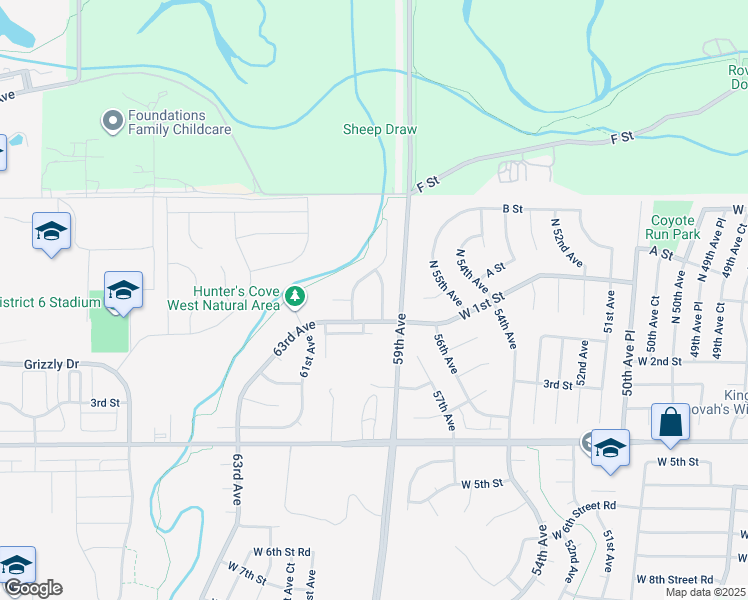 map of restaurants, bars, coffee shops, grocery stores, and more near 145 North 59th Avenue Court in Greeley
