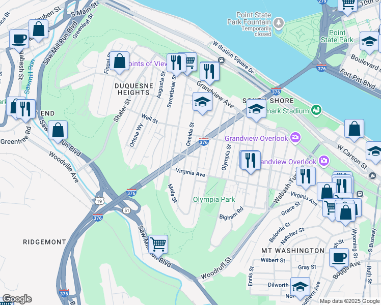 map of restaurants, bars, coffee shops, grocery stores, and more near 257 Oneida Street in Pittsburgh