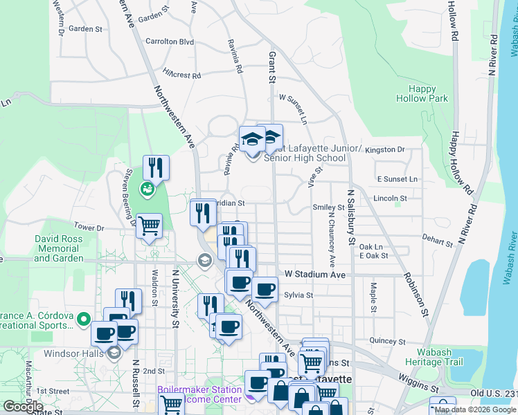 map of restaurants, bars, coffee shops, grocery stores, and more near 421 Meridian Street in West Lafayette