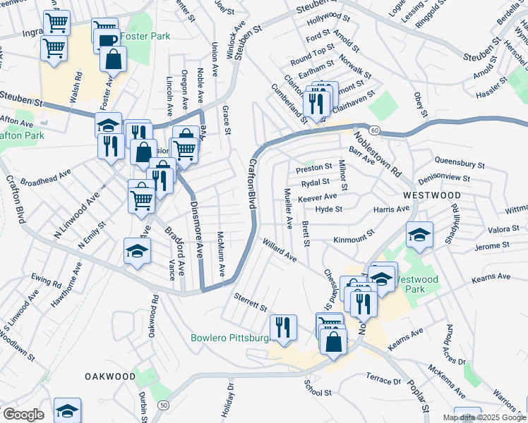 map of restaurants, bars, coffee shops, grocery stores, and more near 315 Clearview Avenue in Pittsburgh