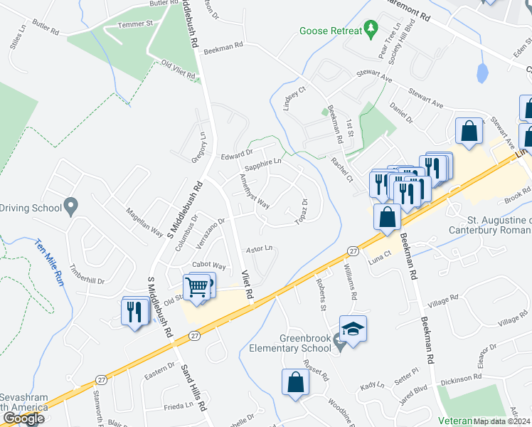 map of restaurants, bars, coffee shops, grocery stores, and more near 26 Opal Court in Franklin Township