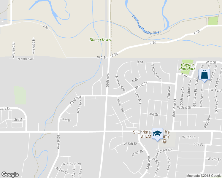 map of restaurants, bars, coffee shops, grocery stores, and more near 5519 West A Street in Greeley