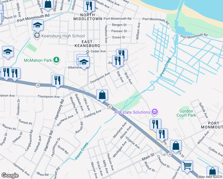 map of restaurants, bars, coffee shops, grocery stores, and more near 44 Dakota Avenue in Middletown Township