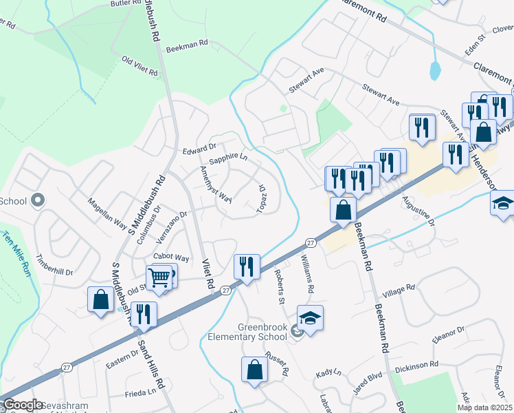 map of restaurants, bars, coffee shops, grocery stores, and more near 2 Coral Court in Franklin Township