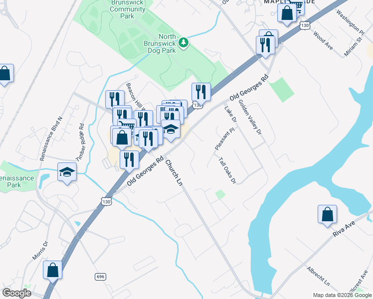 map of restaurants, bars, coffee shops, grocery stores, and more near 3 Peppermint Hill Road in North Brunswick Township