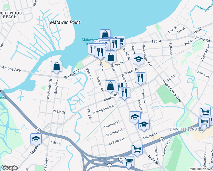 map of restaurants, bars, coffee shops, grocery stores, and more near 92 Main Street in Keyport