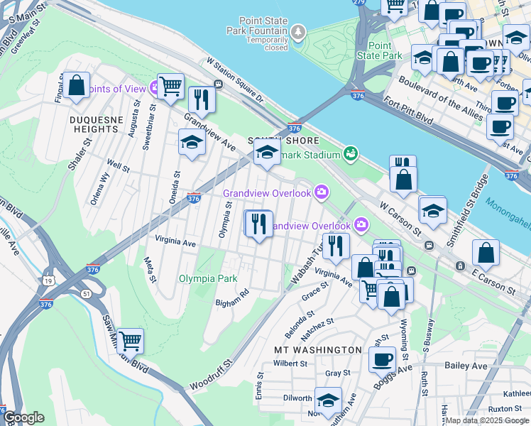 map of restaurants, bars, coffee shops, grocery stores, and more near 211 Bigham Street in Pittsburgh