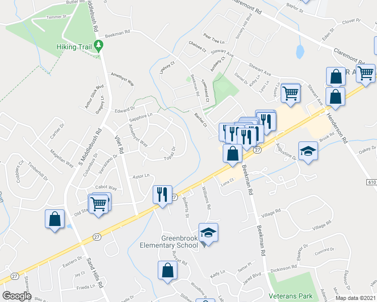 map of restaurants, bars, coffee shops, grocery stores, and more near 195 Sapphire Lane in Franklin Township