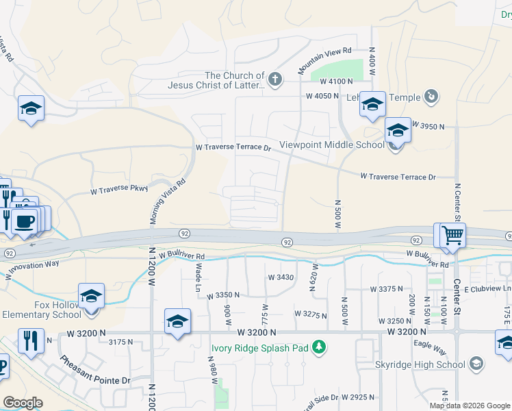 map of restaurants, bars, coffee shops, grocery stores, and more near 3601 Mountain View Road in Lehi