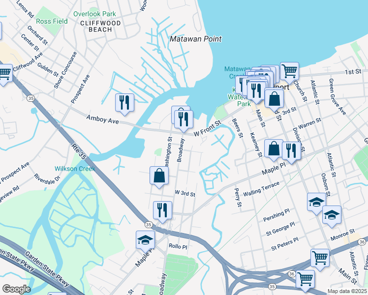 map of restaurants, bars, coffee shops, grocery stores, and more near 75 Broadway in Keyport