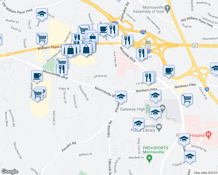map of restaurants, bars, coffee shops, grocery stores, and more near 4161 Monroeville Boulevard in Monroeville