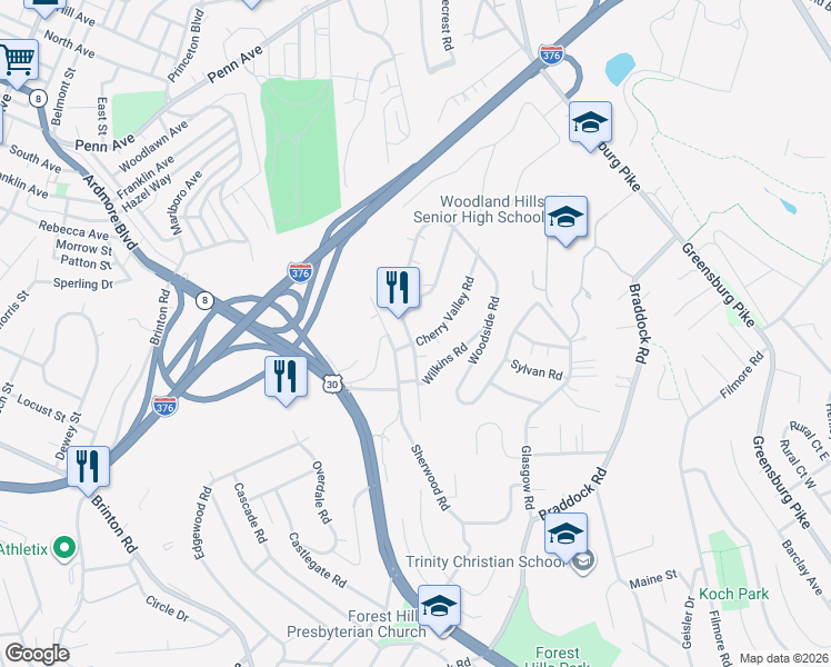 map of restaurants, bars, coffee shops, grocery stores, and more near 113 Cherry Valley Road in Pittsburgh
