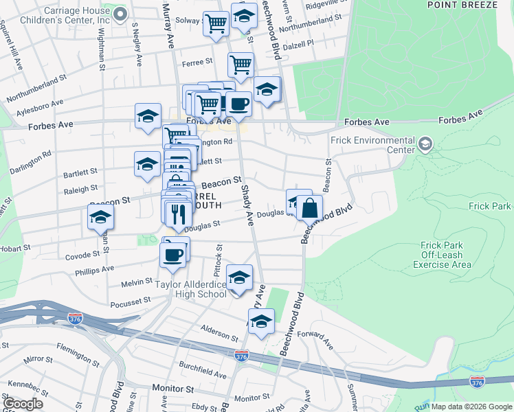 map of restaurants, bars, coffee shops, grocery stores, and more near 5898 Hobart Street in Pittsburgh