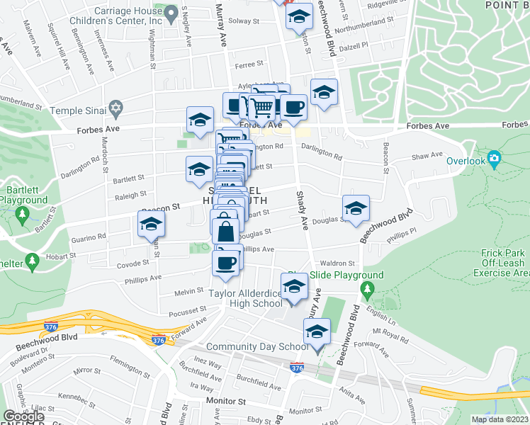 map of restaurants, bars, coffee shops, grocery stores, and more near 5837 Hobart Street in Pittsburgh
