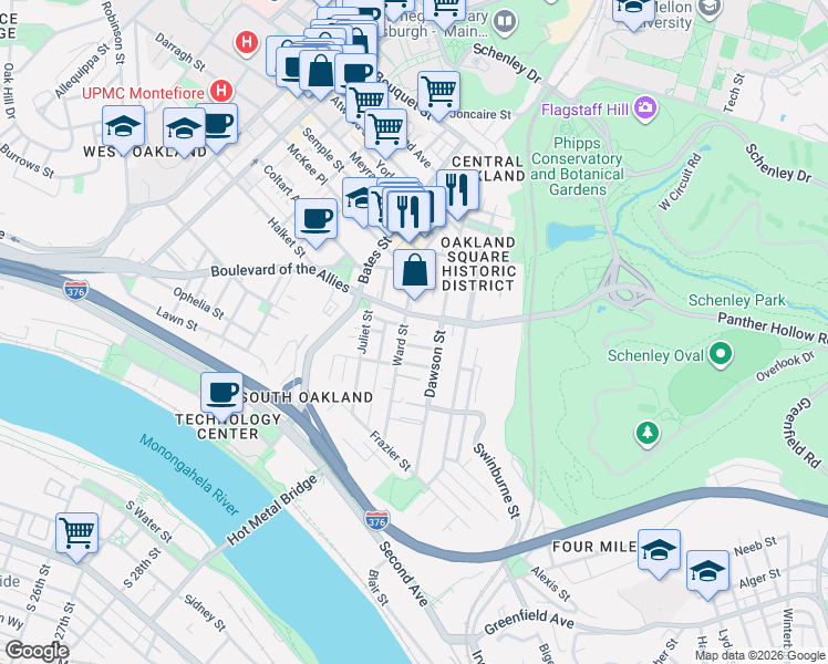map of restaurants, bars, coffee shops, grocery stores, and more near 3328 Ward Street in Pittsburgh