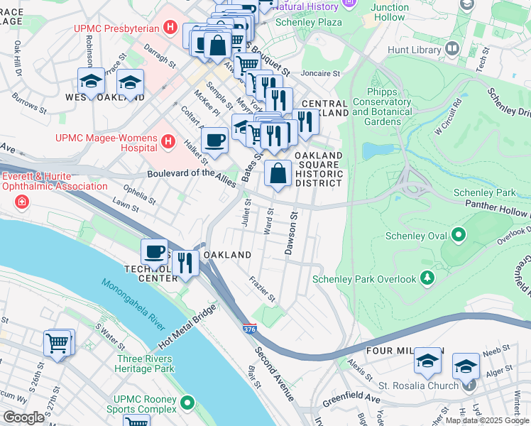 map of restaurants, bars, coffee shops, grocery stores, and more near 3328 Ward Street in Pittsburgh