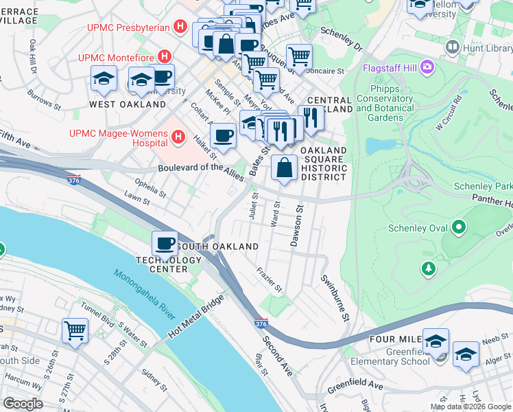 map of restaurants, bars, coffee shops, grocery stores, and more near 3326 Juliet Street in Pittsburgh