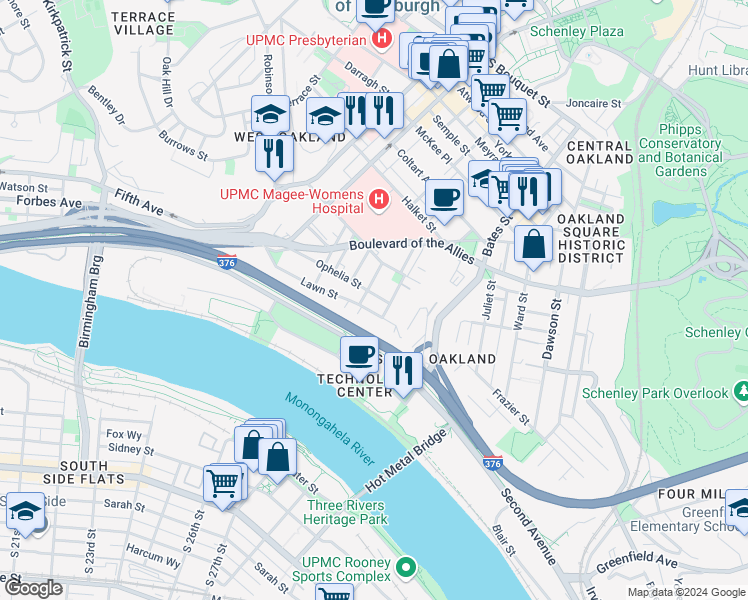 map of restaurants, bars, coffee shops, grocery stores, and more near 3201 Niagara Street in Pittsburgh