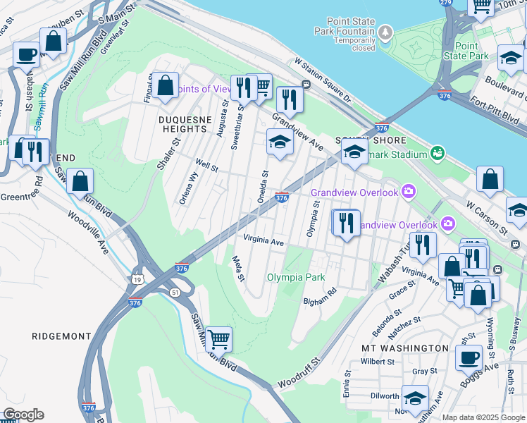 map of restaurants, bars, coffee shops, grocery stores, and more near 257 Oneida Street in Pittsburgh
