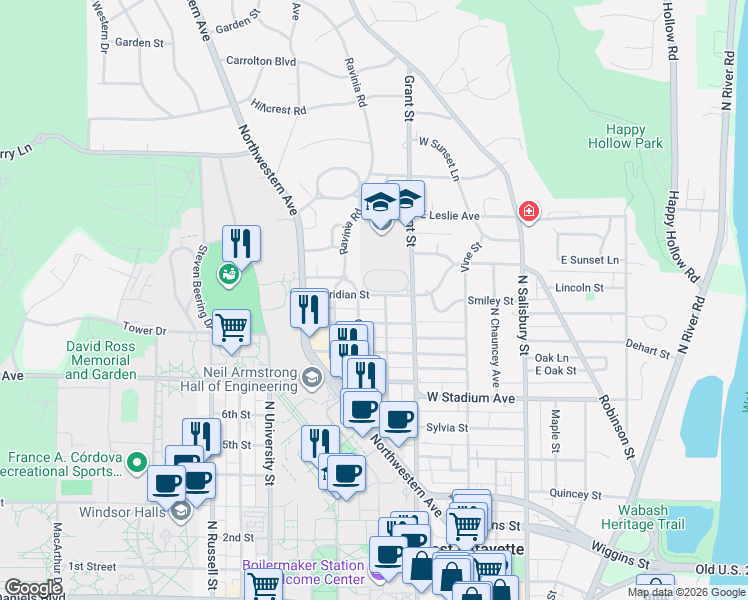 map of restaurants, bars, coffee shops, grocery stores, and more near 421 Meridian Street in West Lafayette