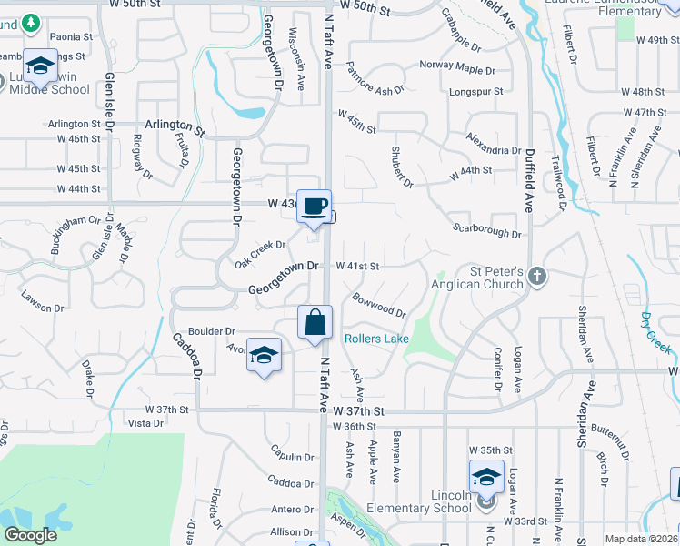 map of restaurants, bars, coffee shops, grocery stores, and more near 1339 Bowwood Court in Loveland