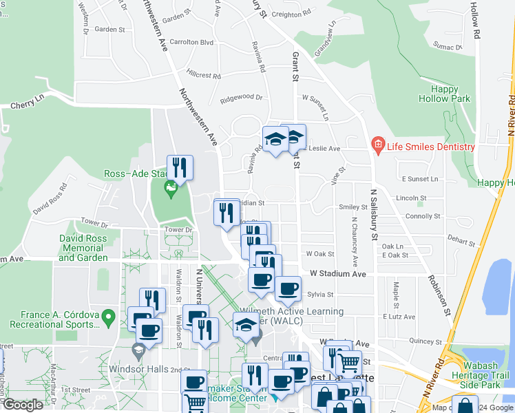 map of restaurants, bars, coffee shops, grocery stores, and more near 603 Meridian Street in West Lafayette