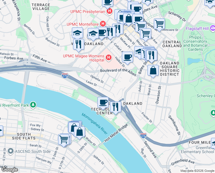 map of restaurants, bars, coffee shops, grocery stores, and more near 3201 Niagara Street in Pittsburgh