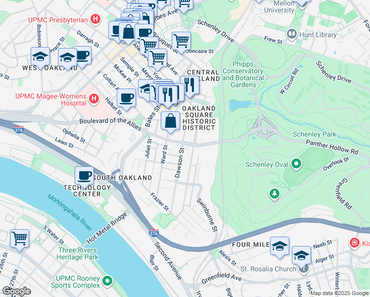 map of restaurants, bars, coffee shops, grocery stores, and more near 3374 Dawson Street in Pittsburgh