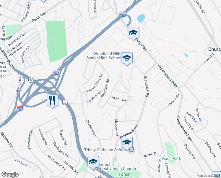 map of restaurants, bars, coffee shops, grocery stores, and more near 511 Woodside Rd in Pittsburgh
